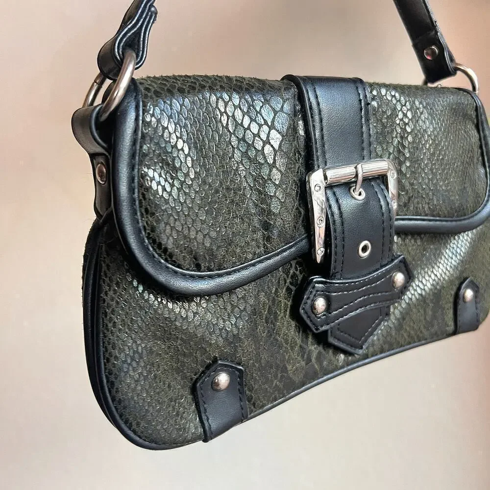 NEW Green Faux Leather Snake Print Rhinestone Buckle Handbag